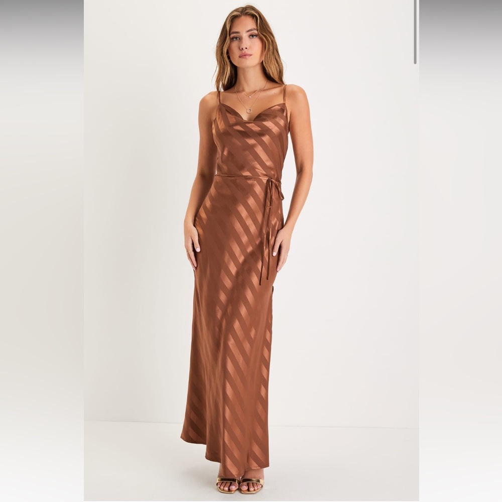 Lulus Sleek Sophisticate Bronze Satin Striped Backless Cowl Maxi Dress Gown